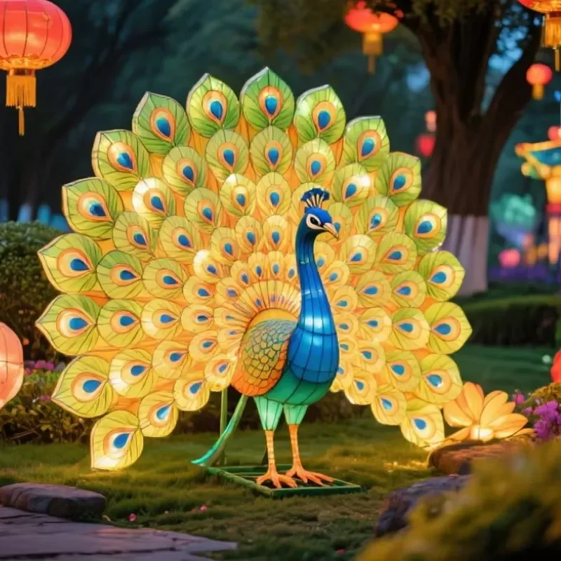 Handcrafted Peacock Animal Lantern Chinese Festival Lantern for Easter and Christmas Zoo Park Wildlife Theme Light