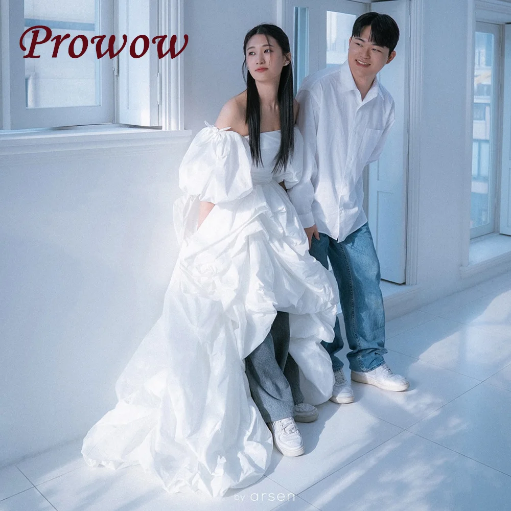 

Prowow Elegant Strapless Wedding Dresses Korea Photoshoot Pleats Taffeta Asymmetrical Bridal Gowns Short Puff Sleeves Customized