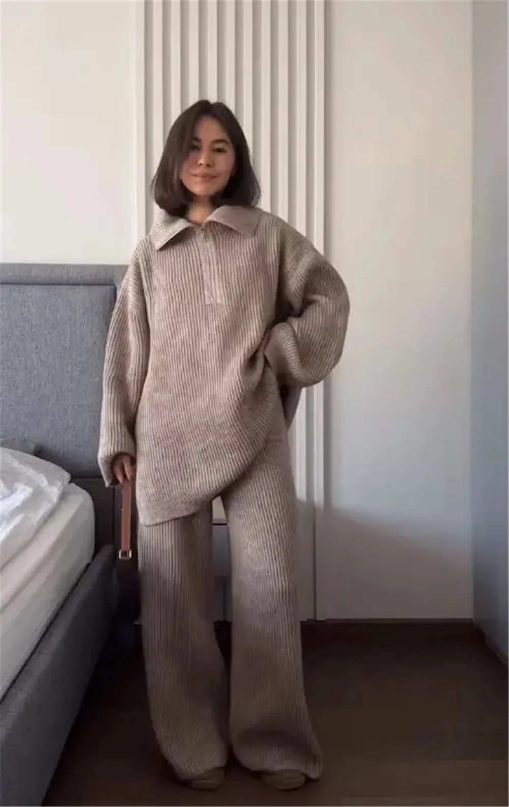 Autumn Winter New Casual Loose Knitted Women's Sweater Set Half Zipper Hoodie Top and Wide Leg Trousers Two-piece Set Streetwear