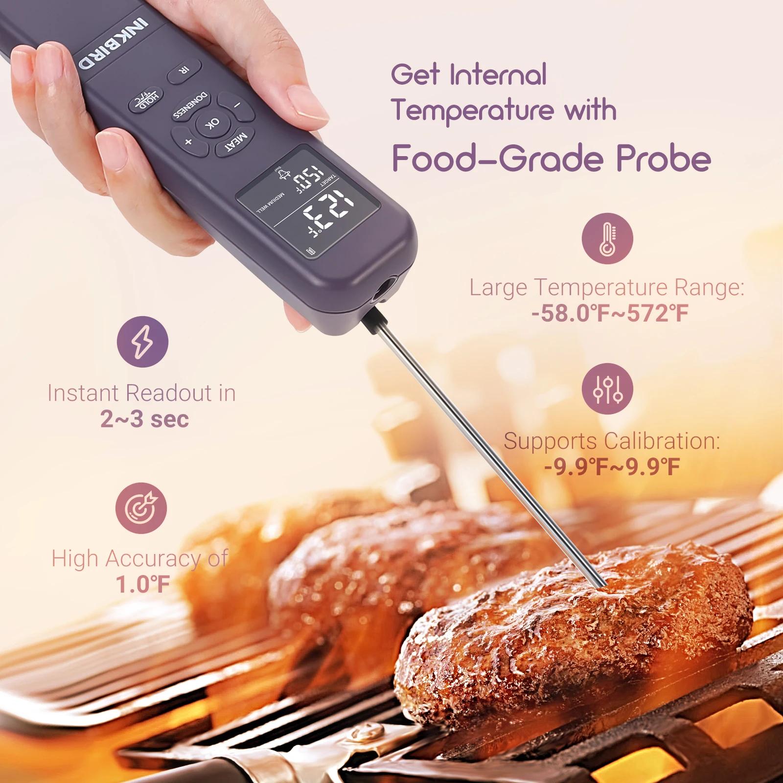 INKBIRD Handy Meat Thermometer with IR Detector 3-In-1 Multifunctional Food Thermometer IHT-1M Cooking Timer for Grilling