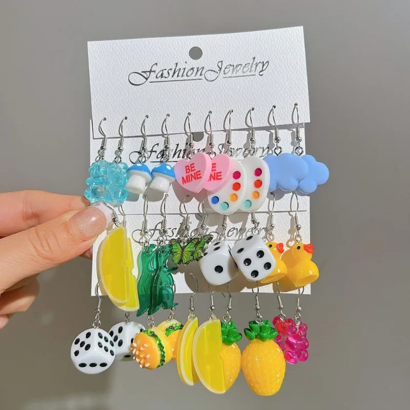 Cartoon bunte Acryl Ohrring Set für Frauen Mädchen süße coole geometrische Tier frucht Dopamin Ohrringe 10 teile/satz lustigen Schmuck