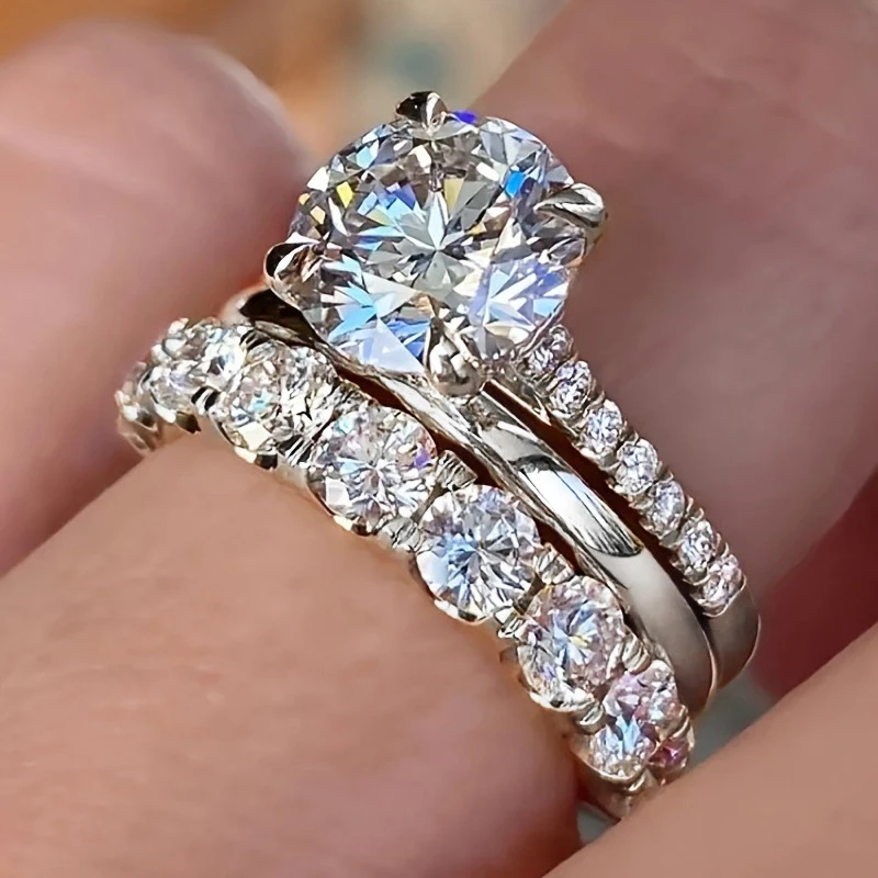

Ailodo Elegant 3 Pcs/Set Cubic Zirconia Rings For Women Luxury Engagement Rings Wedding Bands Simple Fashion Jewelry Girls Gift