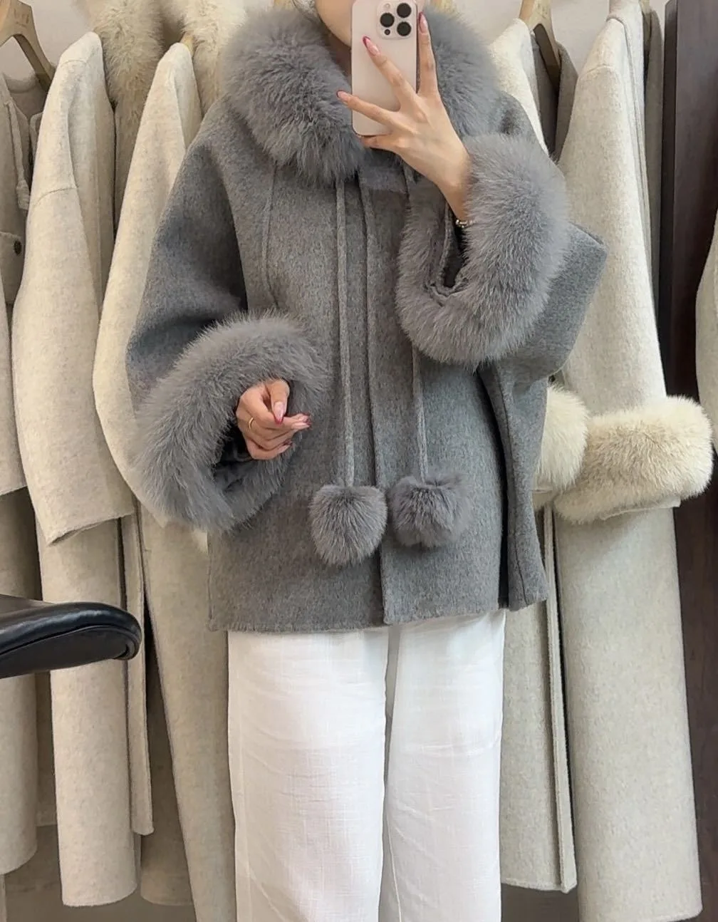 OFTBUY Women's Short Wool Coat Real Fox Fur Collar Cuffs Pom Pom Drawstring Woolen Clothing New Winter Warm Elegant Outerwear
