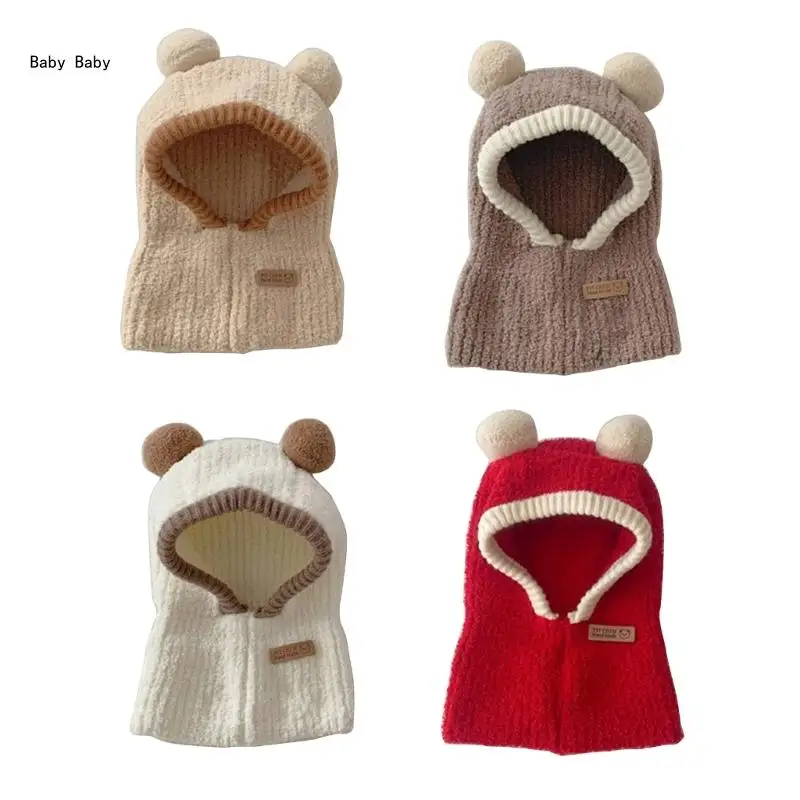 

Winter 2-in-1 Baby Hat Scarf Kids Bonnet Cartoon Pom Pom Neck Warmer Ear Protections for Boys Girls Windproof Q81A