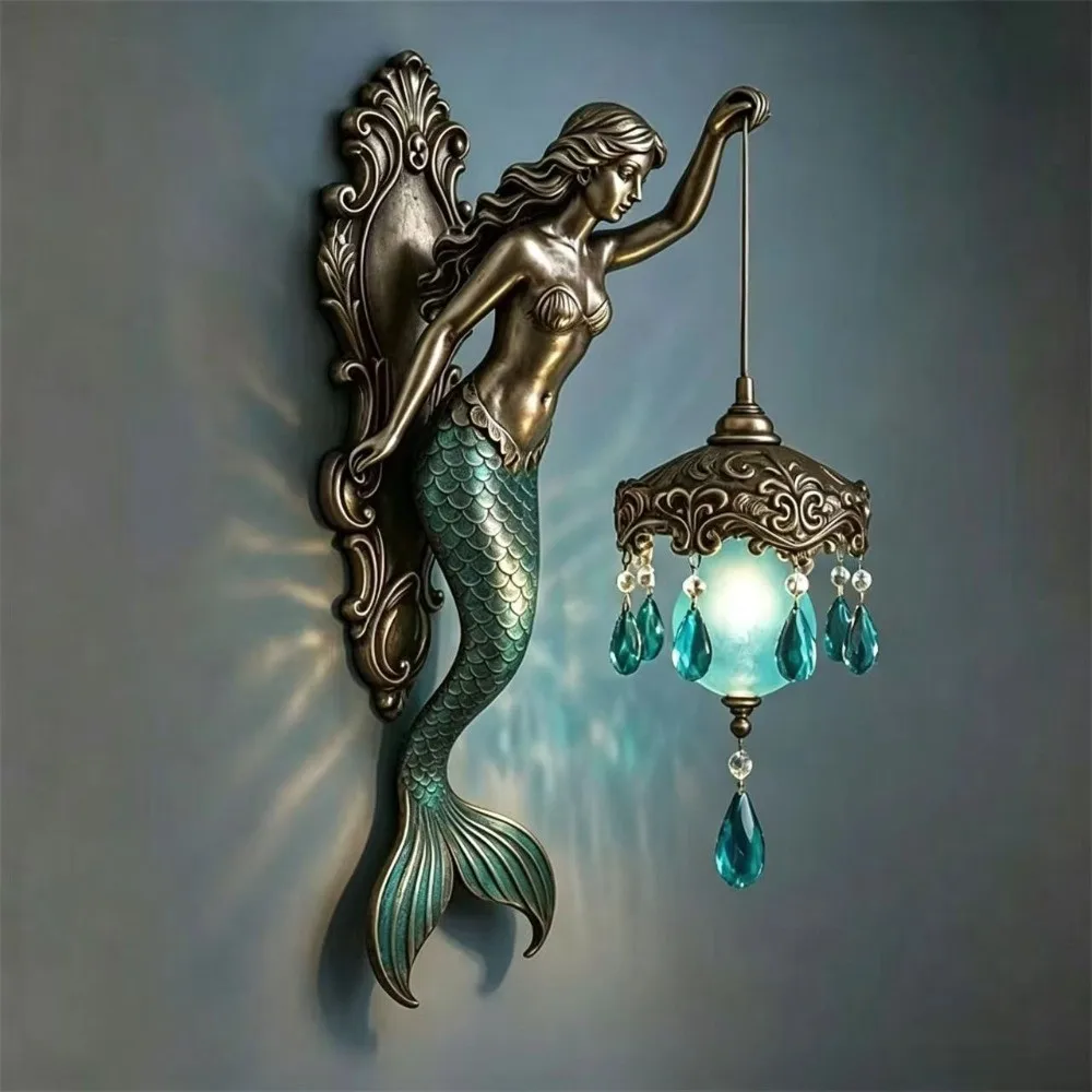 

Resin Material Mermaid Wall Lamp Soft Ambient Light Mermaid Design Resin Wall Lamp Crystal Pendant Ocean Style