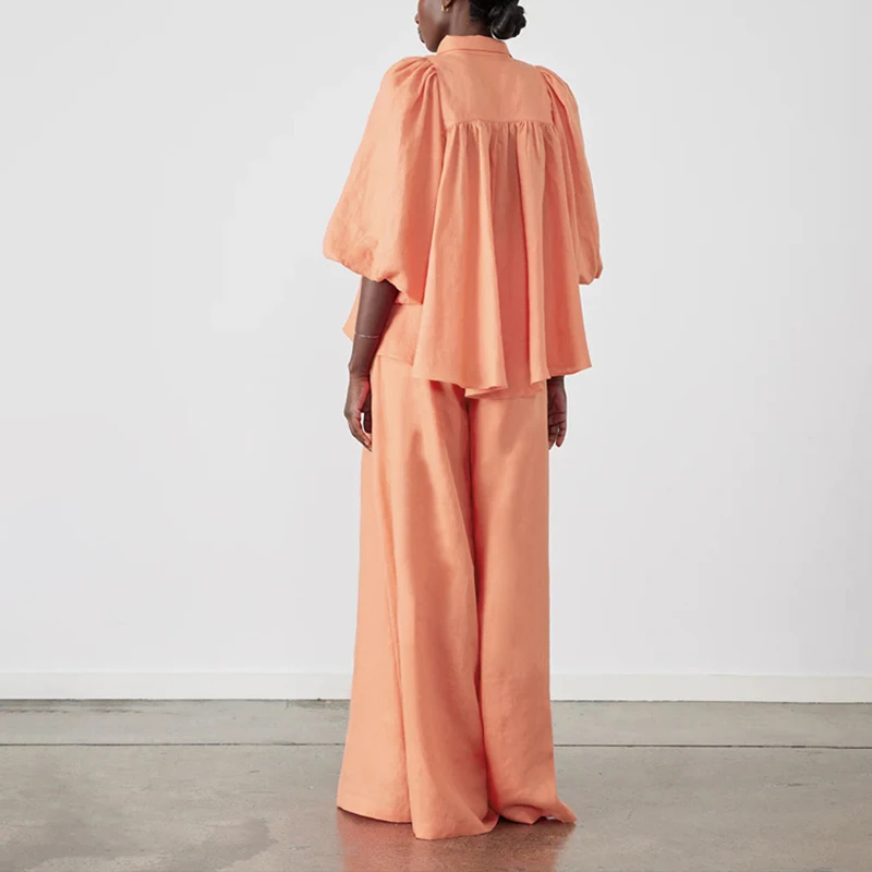 

Однотонные рубашки с лацканами и широкие брюки для отдыха, новый летний простой комплект для поездок на работу, модные брюки с карманами и высокой талией, женский комплект