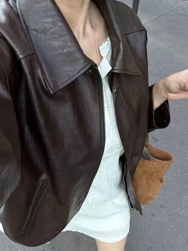 Coréen Sle conception ample polyvalent chaud en cuir PU Jaet femmes Sli polyvalent moto vêtements Jaet haut