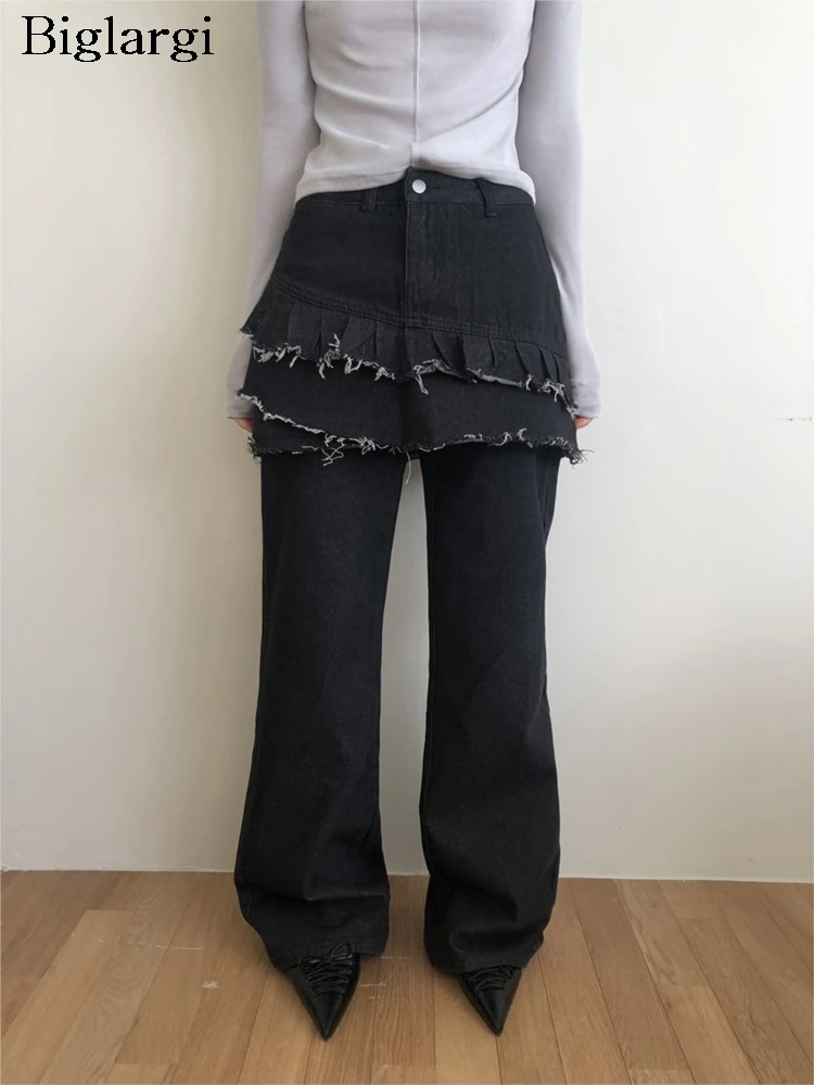 Jeans Spring Long Straight Pant Women Pleated Patchwork Fashion High Waist Ladies Trousers Korean Style Loose Woman Pants Skirts