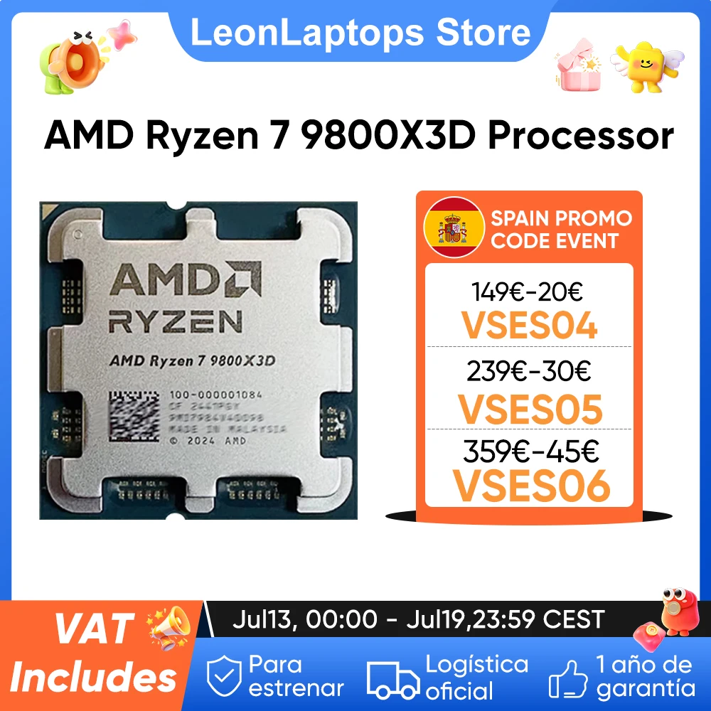 Procesador AMD Ryzen 7 9800X3D, 8 Núcleos/16 Hilos, 120W, hasta 5.2 GHz, L3=96M, L2=8M, 5NM, DDR5, Socket AM5, Procesador para Juegos AMD 9800X3D, Sin Ventilador