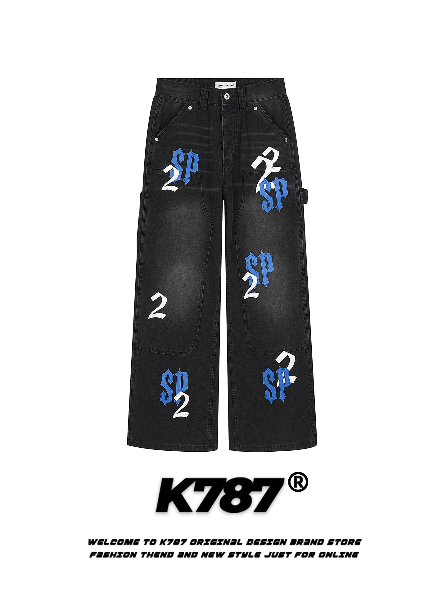 

K787 American Retro Letter Patchwork Embroidered Jeans High Waist Straight Leg Loose Fit Long Pants for Men And Women
