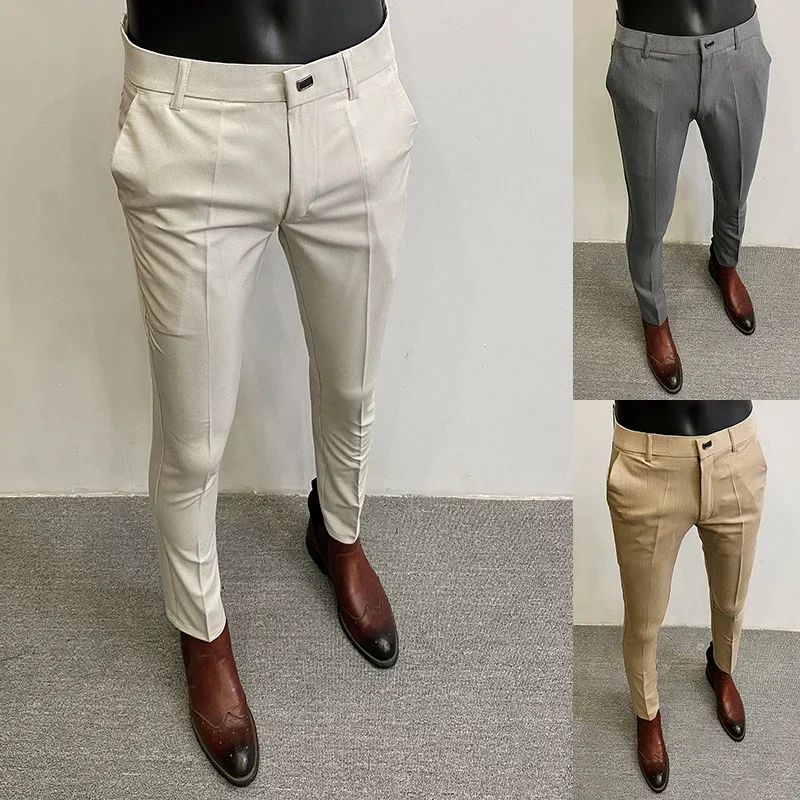 Summer Thin Men\'s Pants Non-iron Business Pants Men Formal Office Solid Color Daily Wear Casual Slim Fit Dress Suit Trousers Men