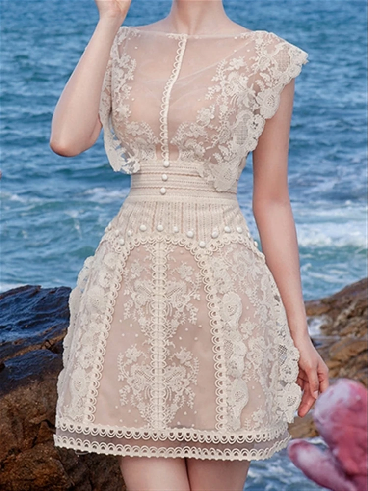 Robe de plage en dentelle pour femmes, couleur unie, style Boho, Vintage, broderie, femme, été, sans manches, dos nu, Sexy, soirée, 2023