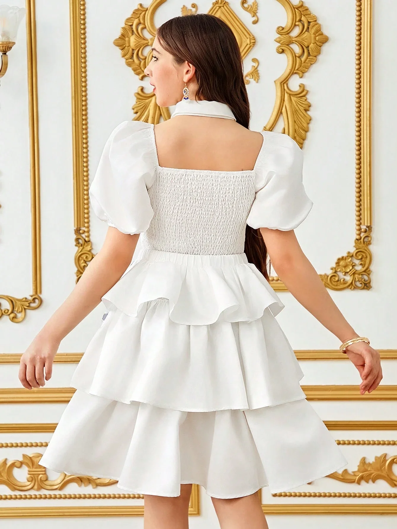 

Elegant White Puff Sleeve Dress With Turn-Down Collar And Floral Embroidery