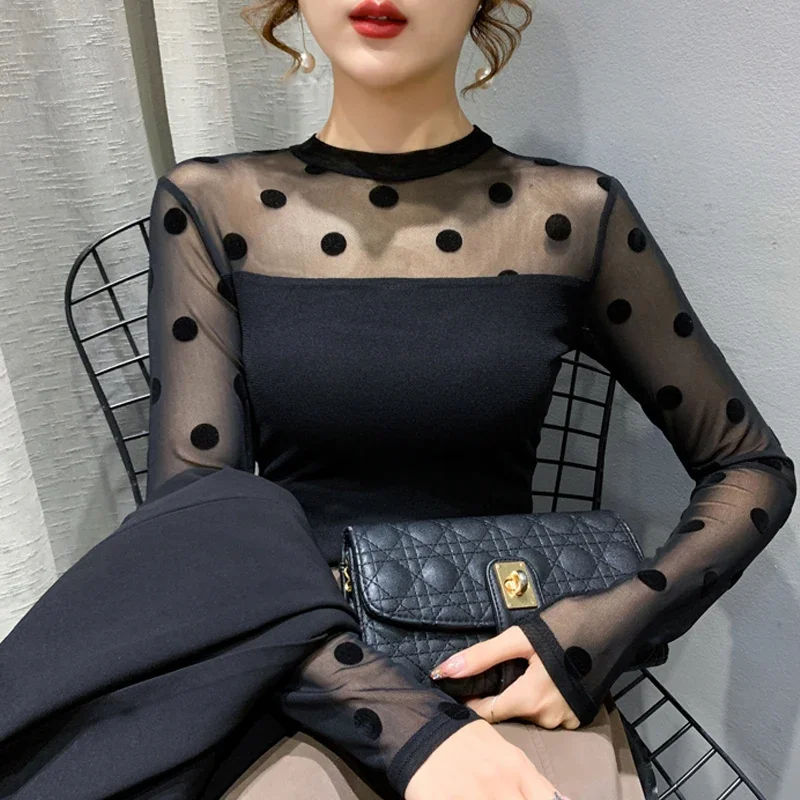

Sexy Mesh Shirt Women's Long Sleeve Bottoming T Shirt Spring Autumn New Casual Flocking Female Top XQ745