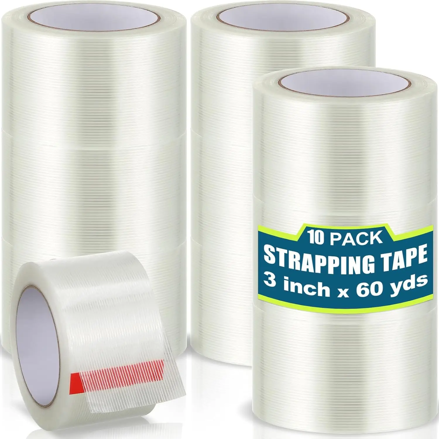 

10 Rolls Filament Strapping Tape 3 Inch x 60 Yards Transparent Reinforced Fiberglass 5.5 Mil Heavy Duty Packing Shipping