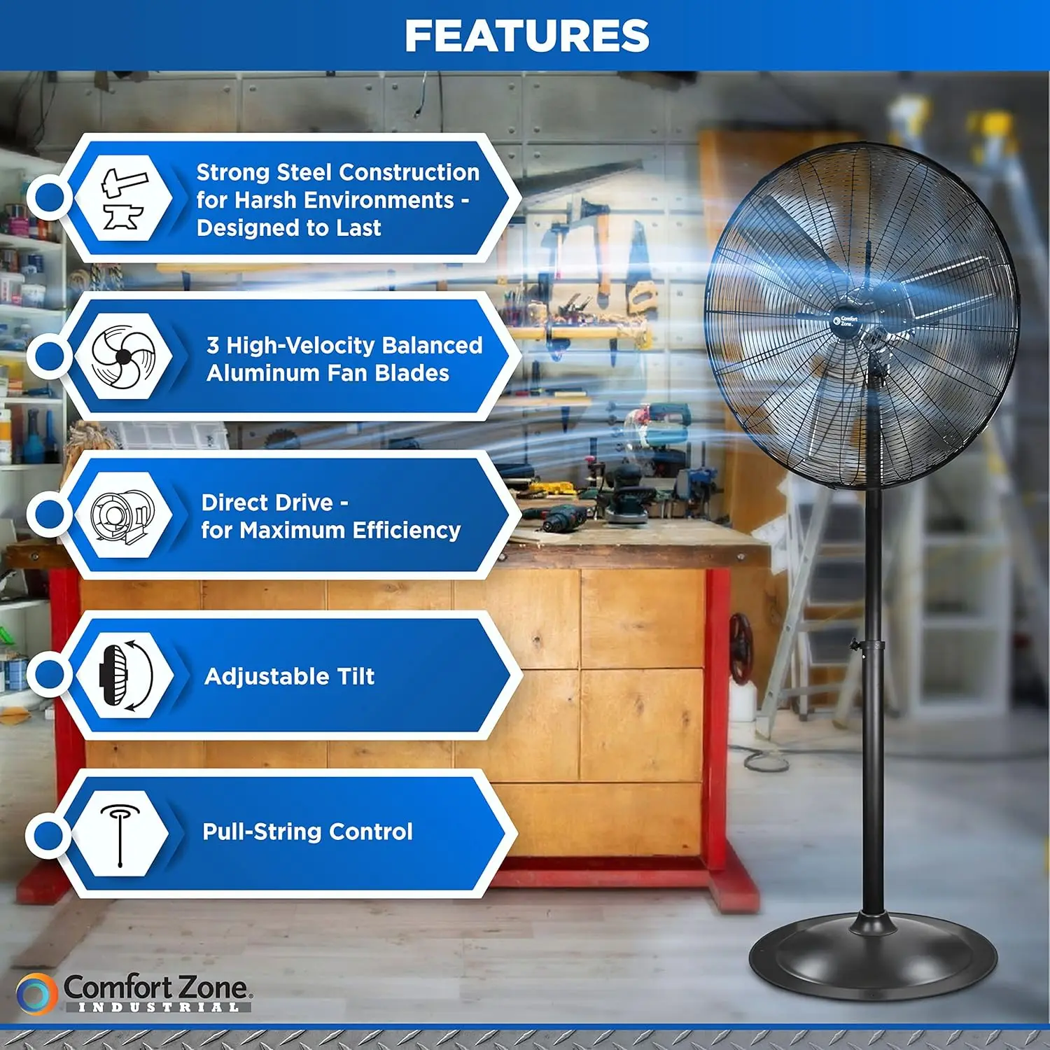 Zone Industrial Pedestal Fan, 30 inch, 3 Speed, High Velocity, Adjustable Height 56” to 76”, Metal, Meets OSHA Standards