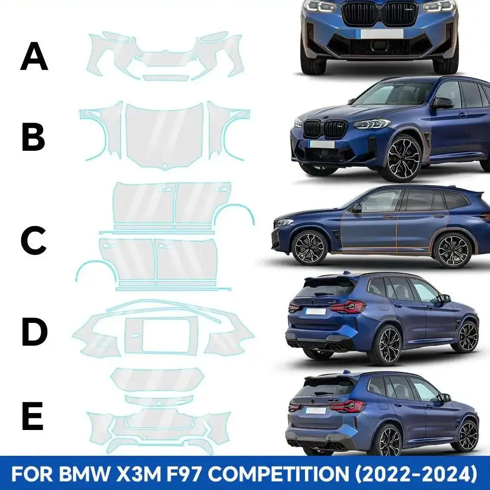 

Для BMW X3M F97 Competition 2022-2024: Комплект невидимой защитной пленки (PPF) из ТПУ для бампера, устойчивой к царапинам, самовосстанавливающейся, предварительно вырезанной.