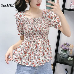 Blusas Mujer De Moda 2024 Fashion Summer Vintage Corset Top Blouse Women Korean Elegant Slim Floral Print French Chiffon Shirts