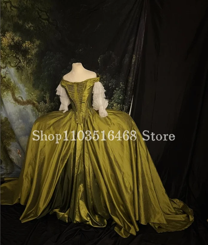 Robe de soirée victorienne moelleuse luxueuse, corset en satin sans bretelles, applique de masque médiéval, or vert, robe de mariée éducative