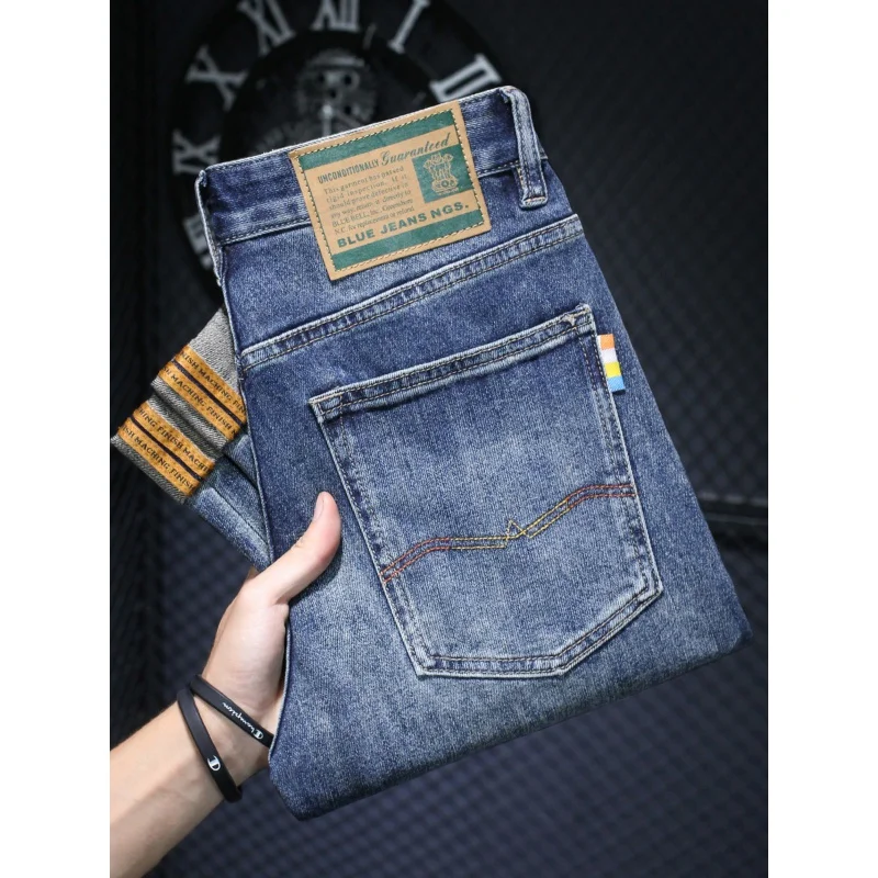 Men's Pants Slim-Fitting Small Straight Jeans Men's Fashion Street Fashion 2024 New Stretch Water-Washing Embroidery Trousers