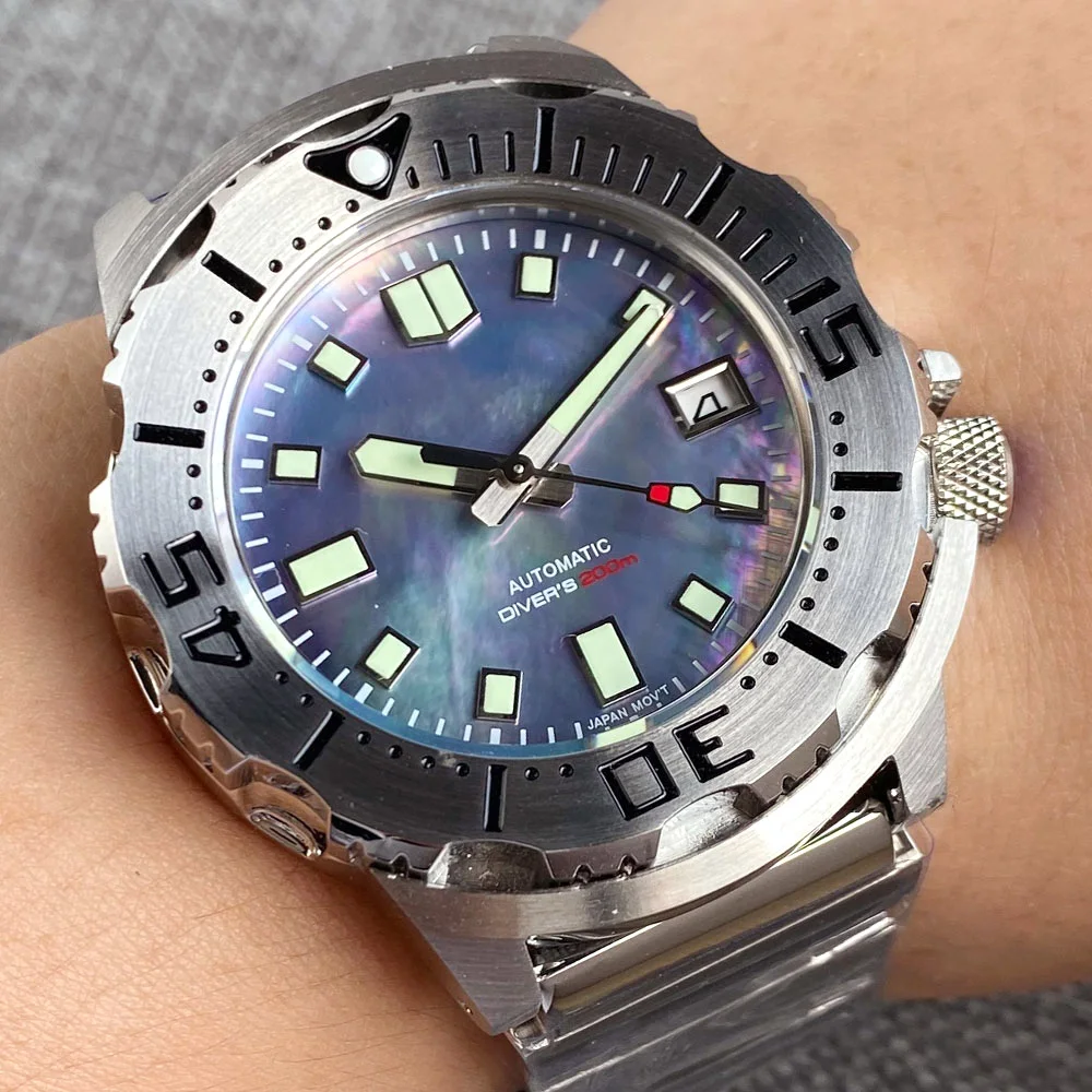 Tandorio 20ATM 42mm Monster Men's Mechanical Watch AR Sapphire Glass Blue/Black Luminous Diver Watch 3.8 O'Clock Steel Strap
