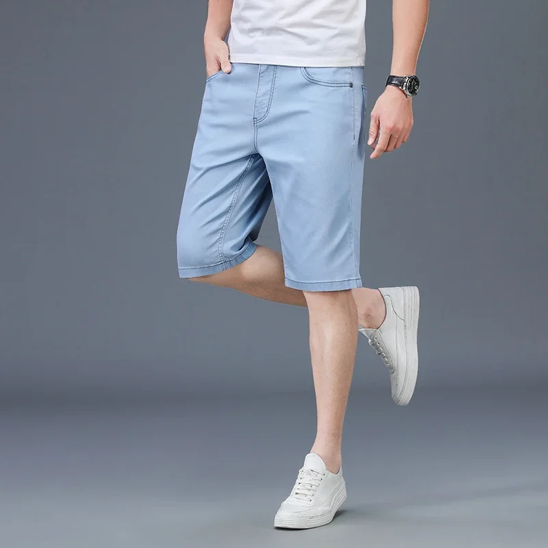 BROWON 2025 Summer Denim Shorts Men Casual Thin Cool Breathable Straight Sky Blue Oversized Knee Length Jeans Work for Man