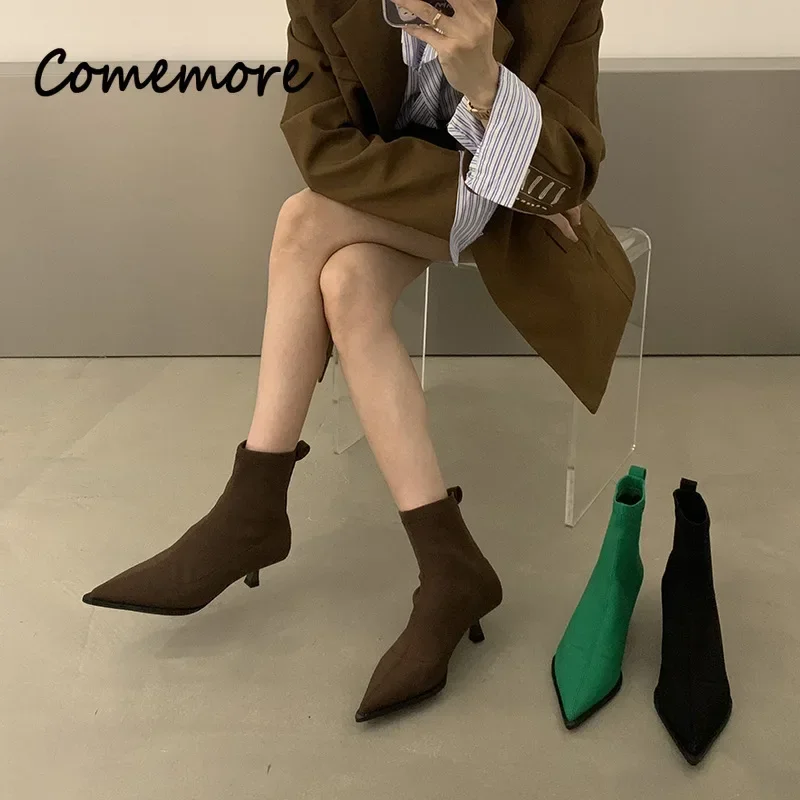 Comemore Ankle Boots Shoes Children 2024 Spring Autumn Shoe Heels Ladies Footwear Designer Slip On Satin High Heel Short Boot 39