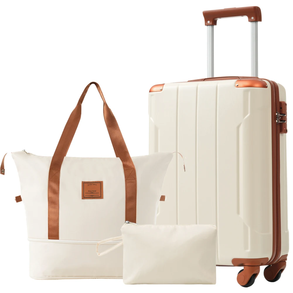 

Hardshell Luggage Sets 3 Piece Carry-on Suitcases with Wheels Travel Luggage for Men Women, White Brown (20in)
