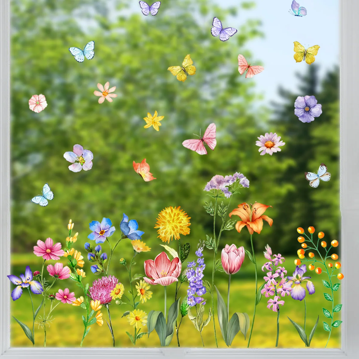 New Tulip Flower Butterfly Electrostatic Glass Window Decals Diy Wallpaper Wall Sticker Decals Festival Home Decor Crafts