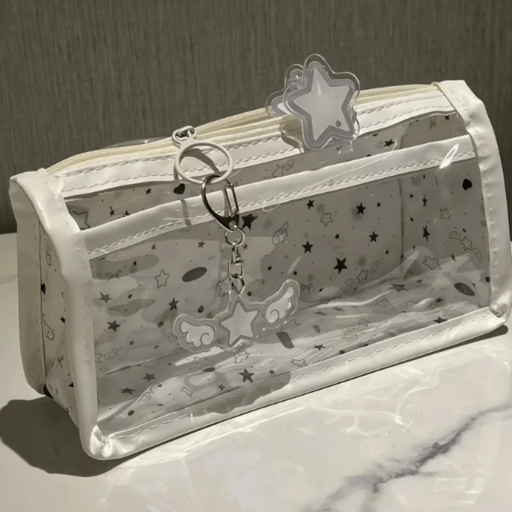 Ins Style Double-Layer Transparent Pencil Case Clear PVC Star Pattern Pencil Pouch Pendant Large Capacity Stationery Bag Girl