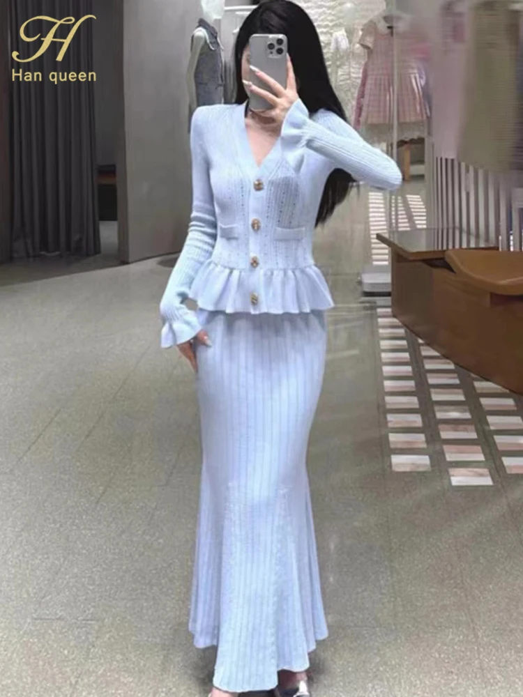 

H Han Queen Winner New Women Korean Chic Knitted Casual Sweater Long Dress Female Clothing V-Neck Single Breasted Party Dresses