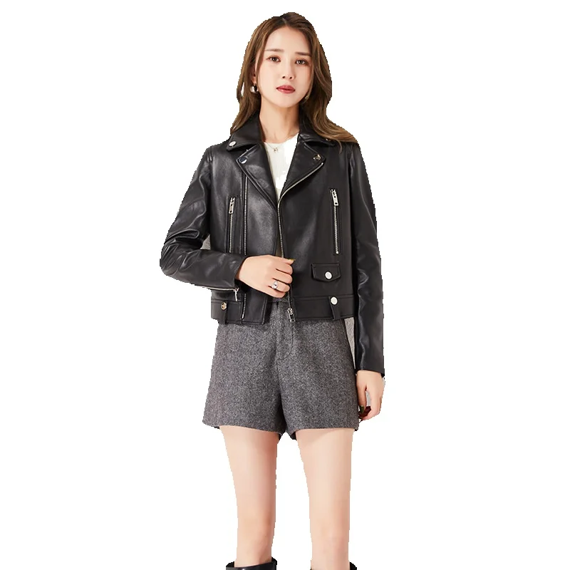 Manteau en peau de mouton véritable pour femme, coupe couvertes, vêtements polyvalents, noir, mode printemps, nouveau