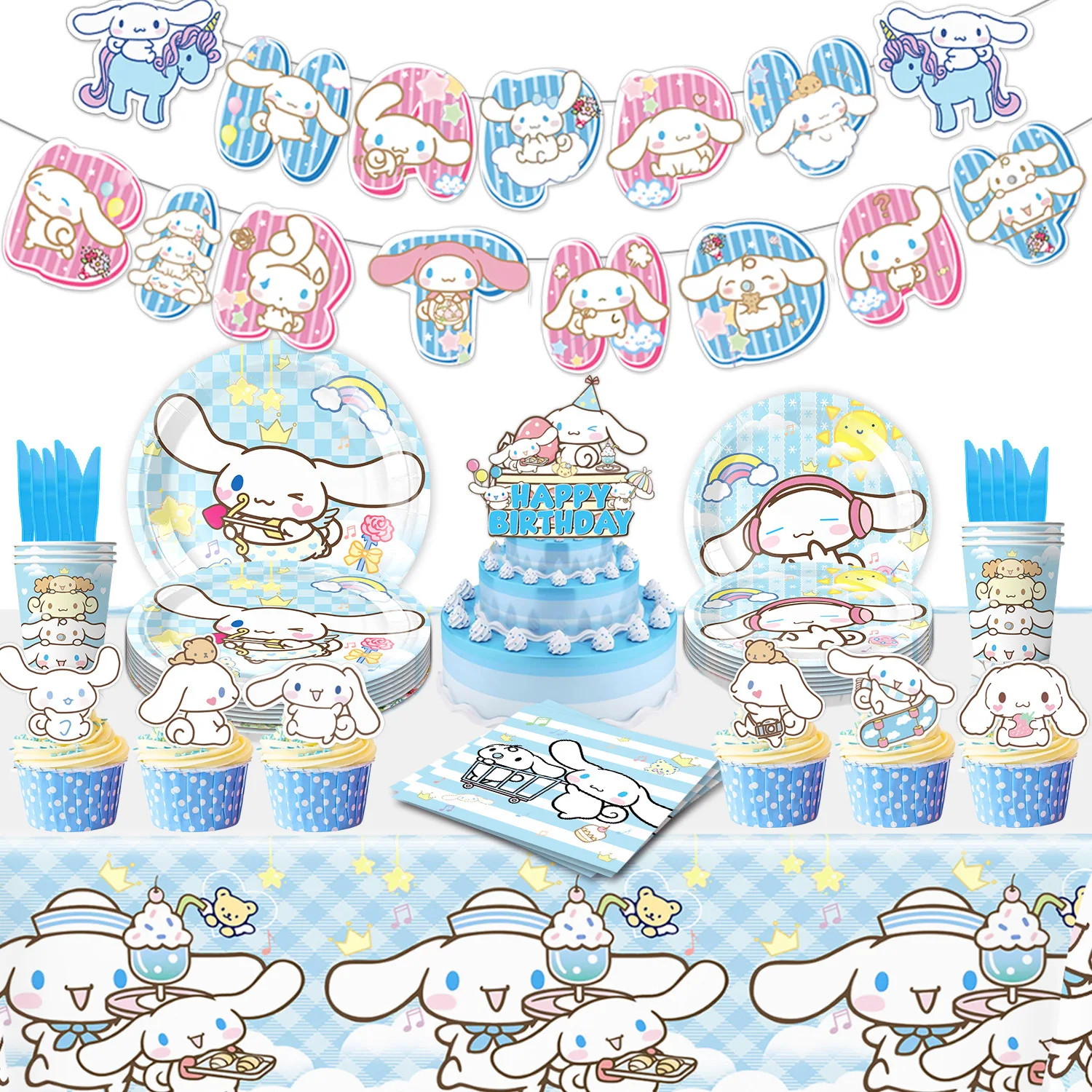 New, Cinnamoroll theme children\'s birthday party decoration, paper plates, paper cups, paper towels, venue decoration sets