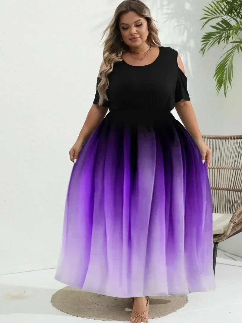 Women Plus Size 1XL-8XL Dress Gradient Print Off Shoulder Dress Long Ball Dress Tight Top and Loose Bottom Elegant Short Sleeve