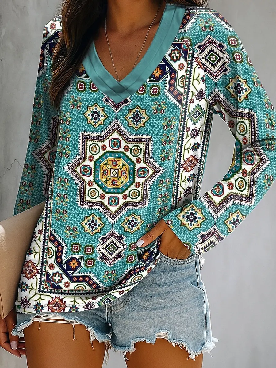 

2025 Women's T-Shirt Graphic Geometric Paisley Elegant Fashion Tee Long Sleeve T-shirts V-Neck Regular Tops Pullover Fall Winter