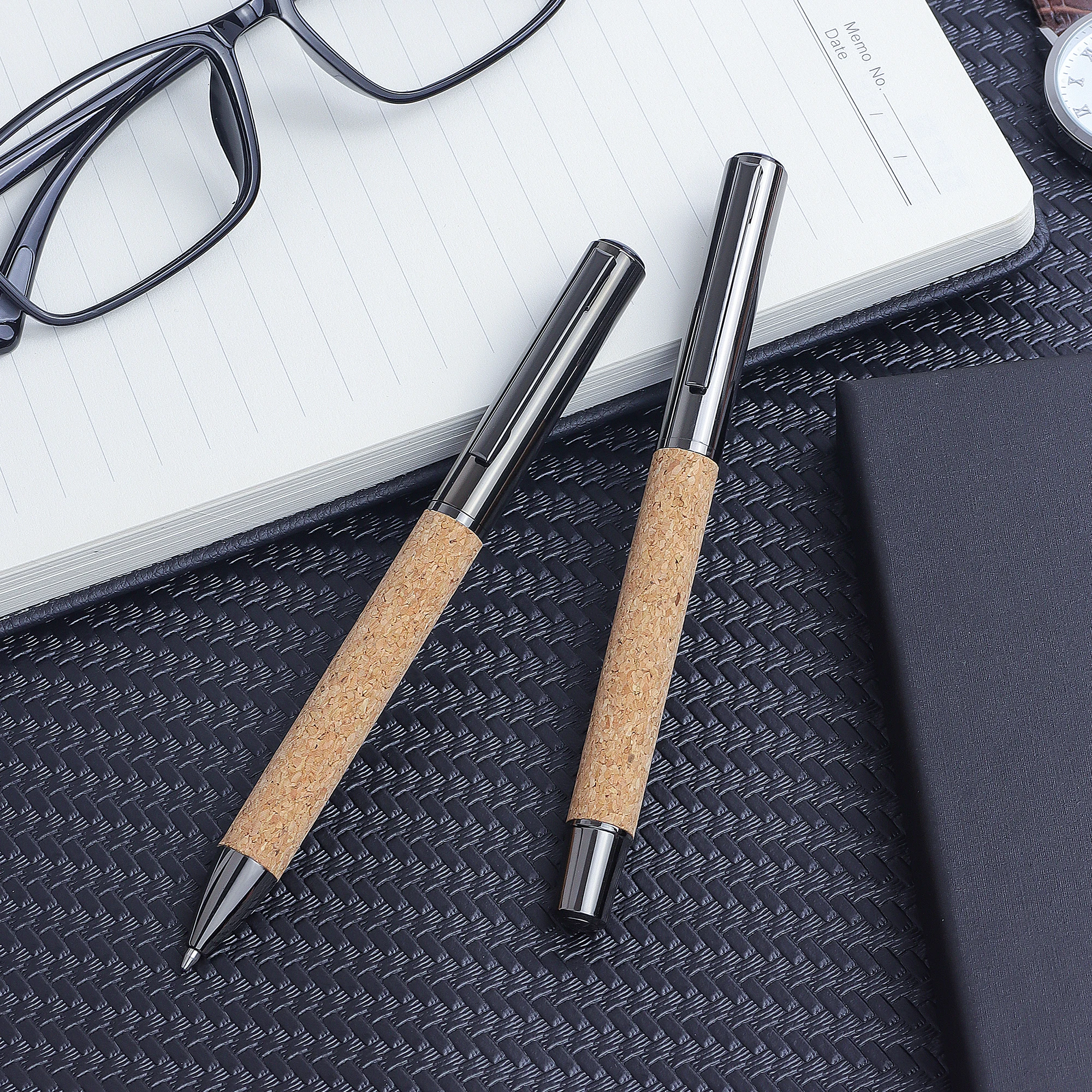 1 Box, Cork Patterned Metal Ballpoint Pen + Rollerball Pen Set, Black Ink - Show Your Taste in Style