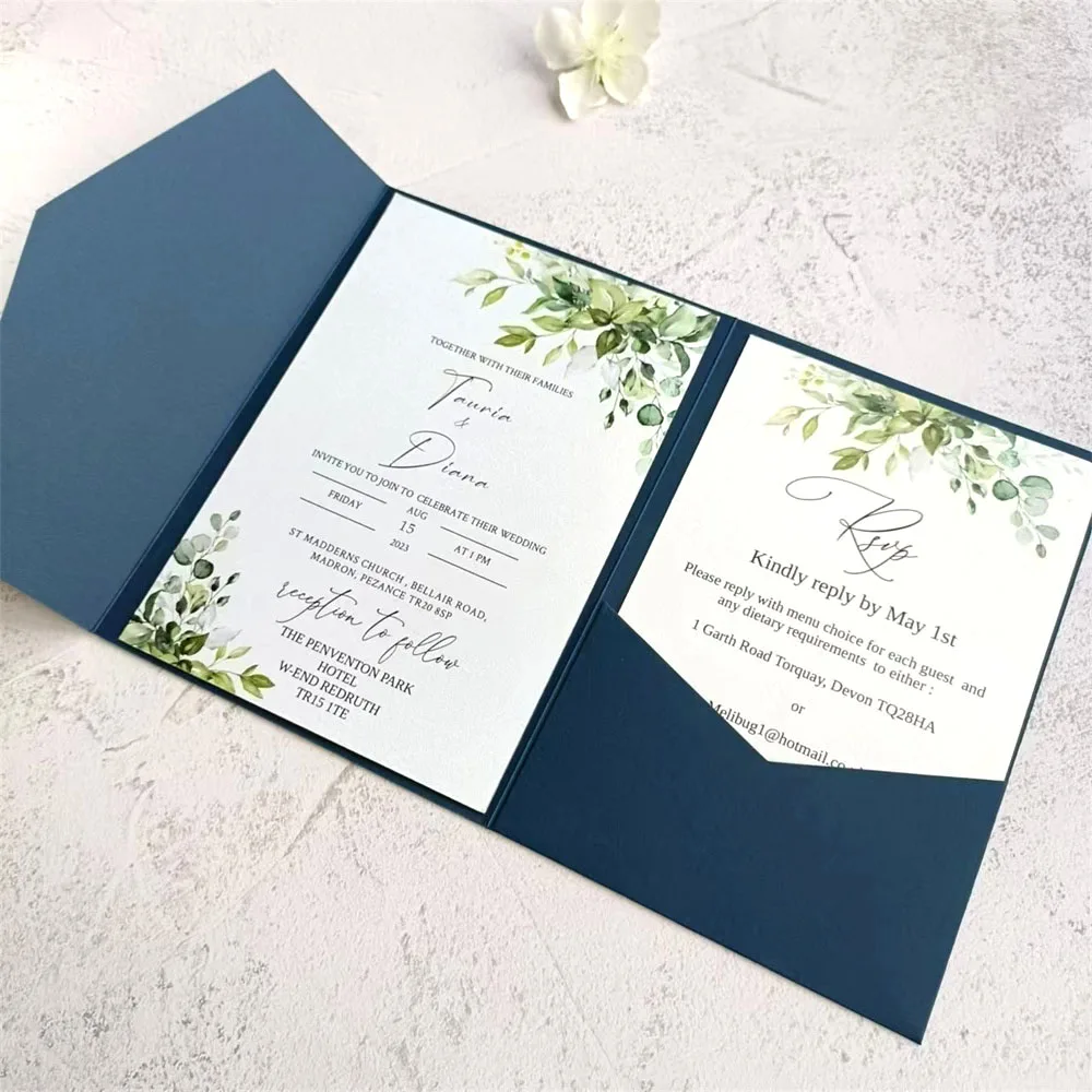 Wedding Invitation Pocket Fold Envelope Navy Blue Matte Paper 250gsm for Birthday Anniversary Sweet 16 Iquinceañera 50pcs