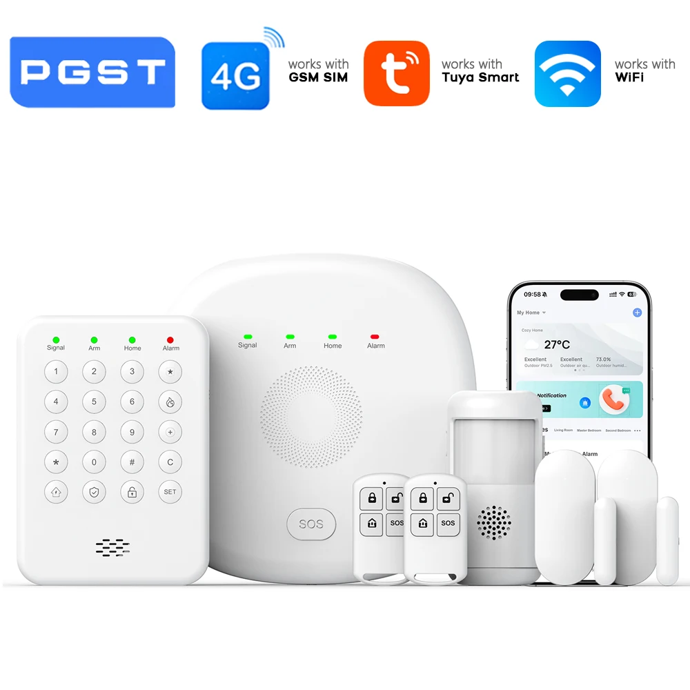 

Умная система домашней сигнализации PGST WiFi: комплект безопасности с датчиками для дверей и окон, детектором движения, кнопкой SOS и управлением через приложение для дома и квартиры