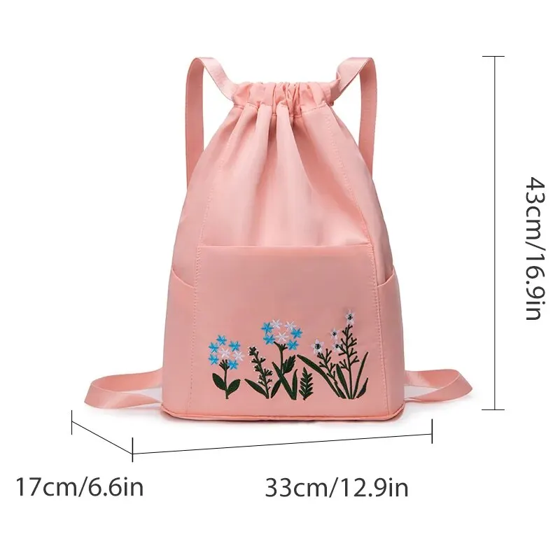 Embroidered Splash Proof Nylon Drawstring Backpack, Large Capacity Sports Bag for Swimming Fitness Gym