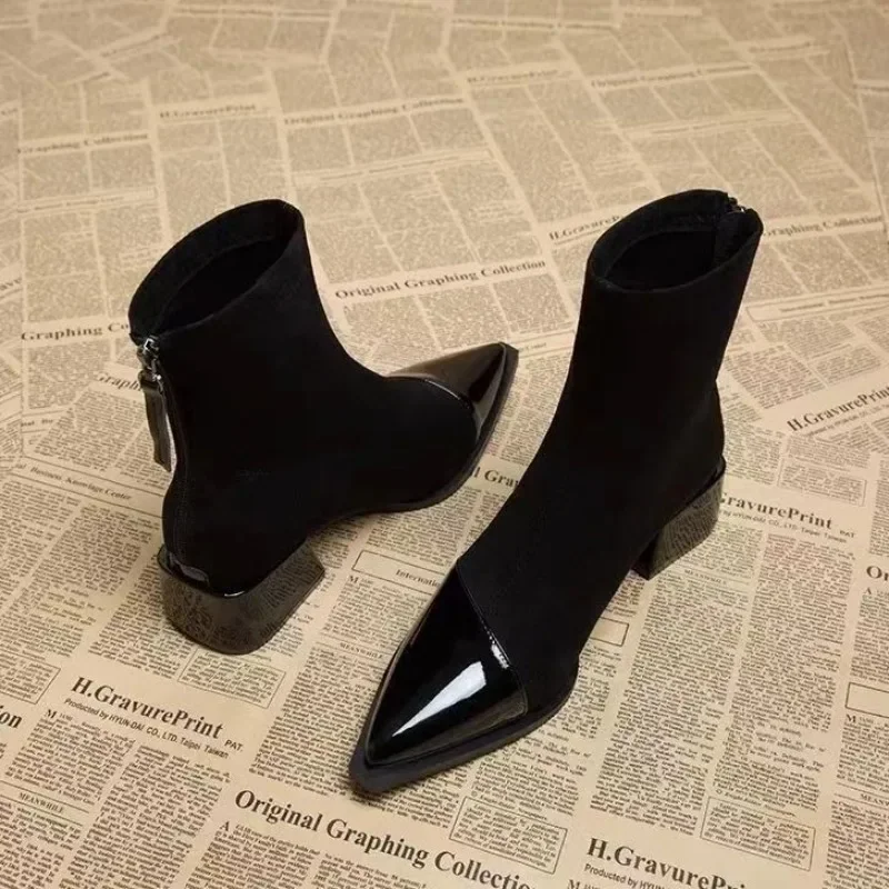2025 Comfortable Patchwork Elastic Fabric Women\'s Ankle Boots Pointed Black Brown Women\'s Pointed Thick Heel High Top Slim Boots