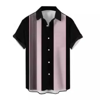 

Fashion Contrast Stripe Short-sleeve Shirt Summer Casual Lapel Cardigan Men's Trendy Loose Breathable Daily Top