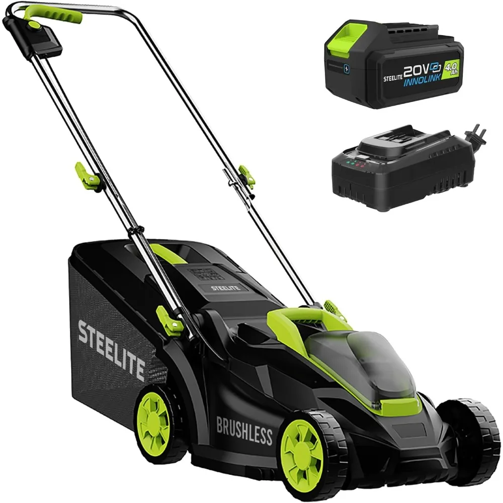 

13.2” Electric Lawn Mower for Small Yards - 2-in-1 Compact Lightweight Brushless Motor 21V 4.0Ah Battery&Charger Included Green
