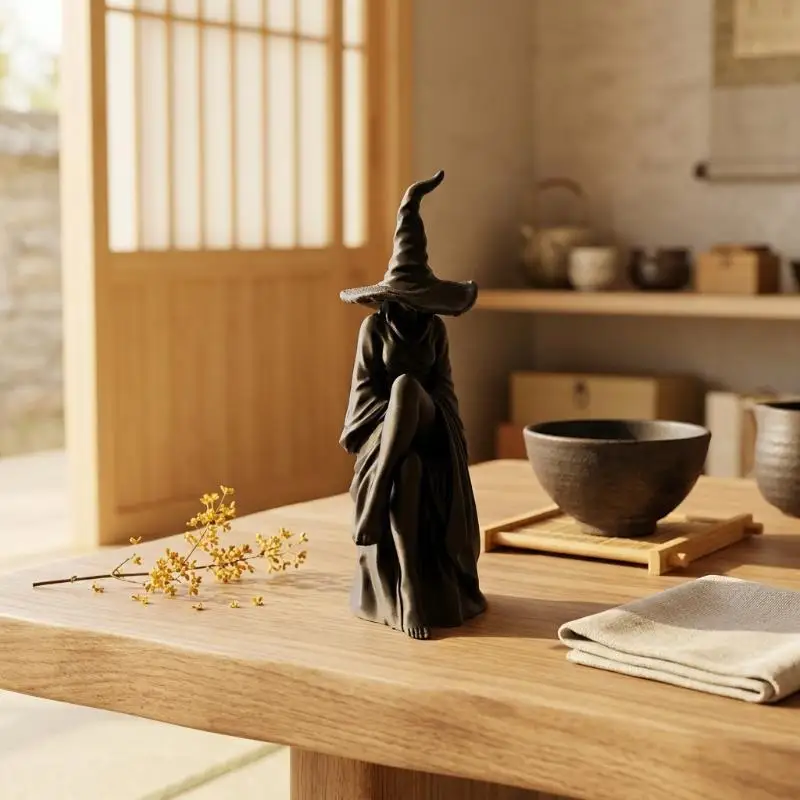 Halloween Faceless Witch Figurine Black Seated Witch Wall Hanging Halloween Decoration Gothic Style For Living Room, Bookshelf