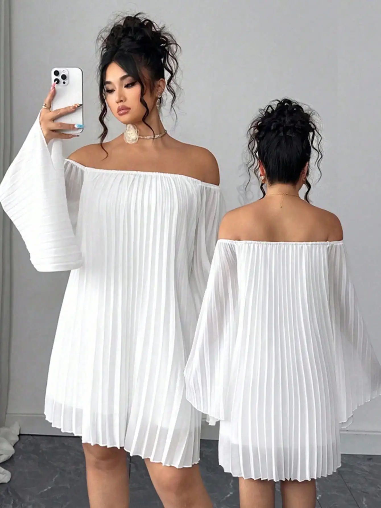 

White Pleated Off-Shoulder Loose Mini Dress with Bell Sleeves