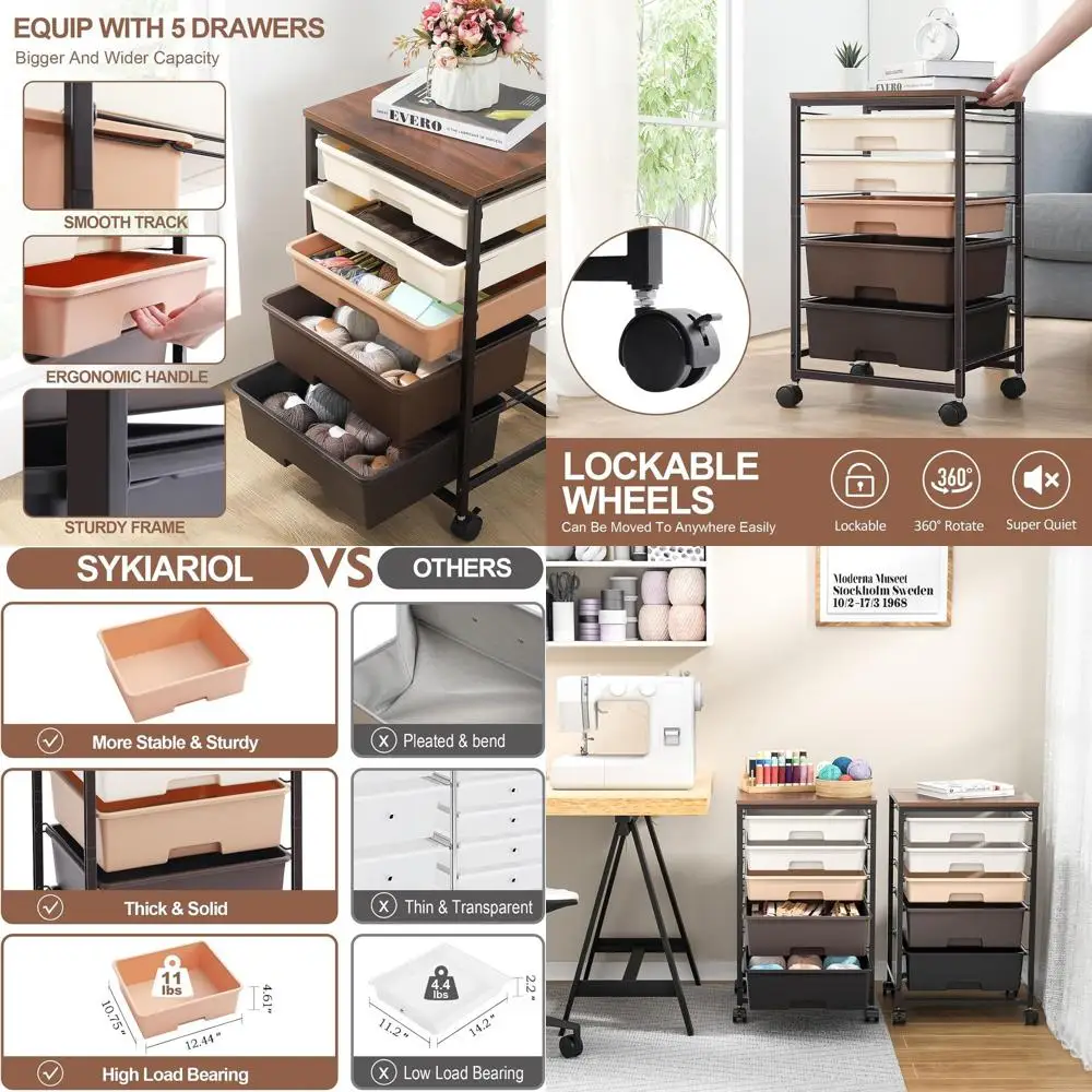 

5-Tier Rolling Craft Storage Cart with Wooden Top and Lockable Wheels, Dark Brown