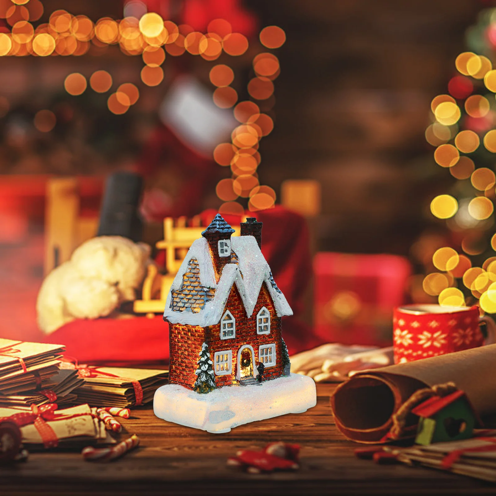 

Christmas Luminous Snow House Resin Miniature Decorative Xmas Desktop Table Centerpiece Holiday Ornament Festive Decor