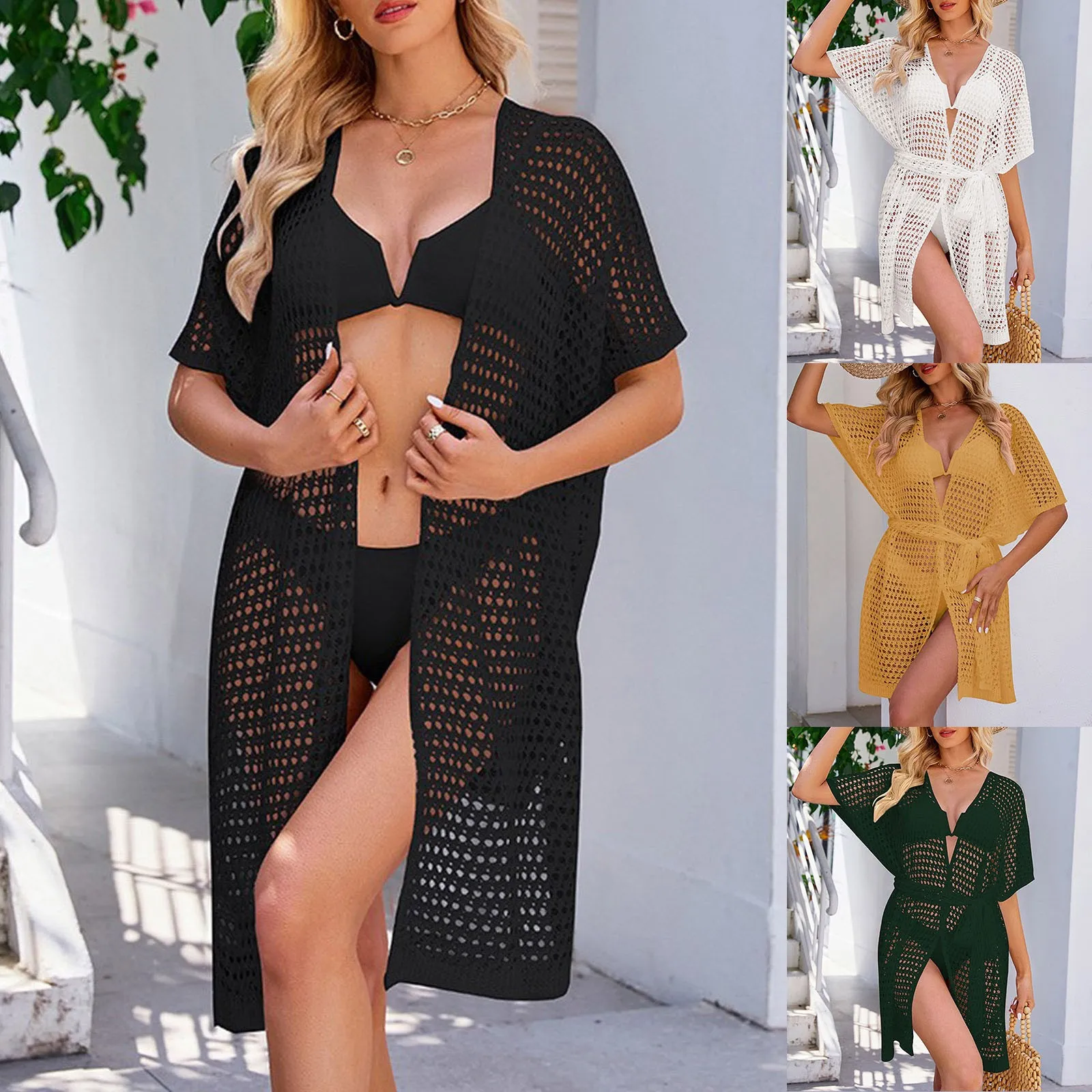 

Hollow Crochet Bikini Swim Cover Up For Women Sexy V-Neck Short Sleeve Cardigan Beach Tunic Mini Dress 2024 Summer Beachwear