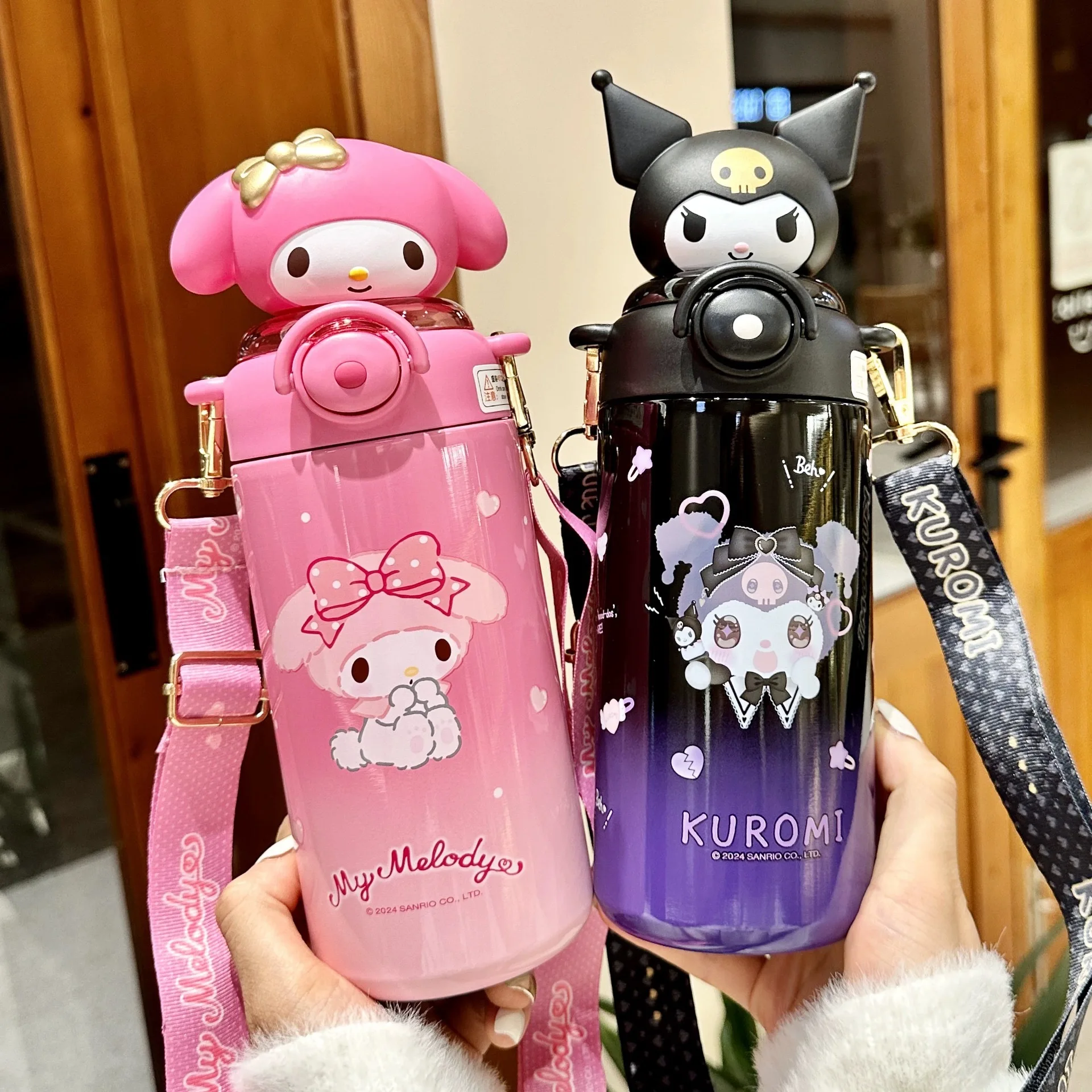 

600 мл Sanrio Kuromi Mymelody мультяшная термобутылка из нержавеющей стали Термокружка с соломенной ручкой для автомобиля подарок на день рождения