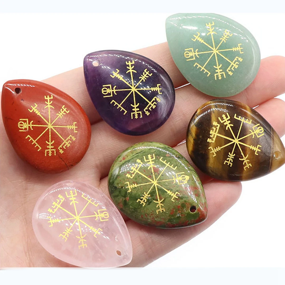 Gold Vegvisir & Viking Symbol Chakra Teardrop Gemstone 25x33MM Palm Worry Stone Therapy Geometry Healing Coin Reiki Donut Energy