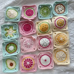 16PCS Handmade Crochet DIY Pillow Blanket Clothing Pocket Piece Coaster Bag, Colorful Fruits Tablecloth, 9cm, 16Pcs